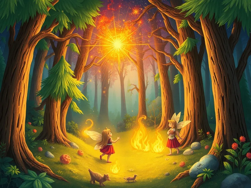 The Silver Bell and the Unchanging Heart - Forest blazing with restored magic around celebrating sprites
