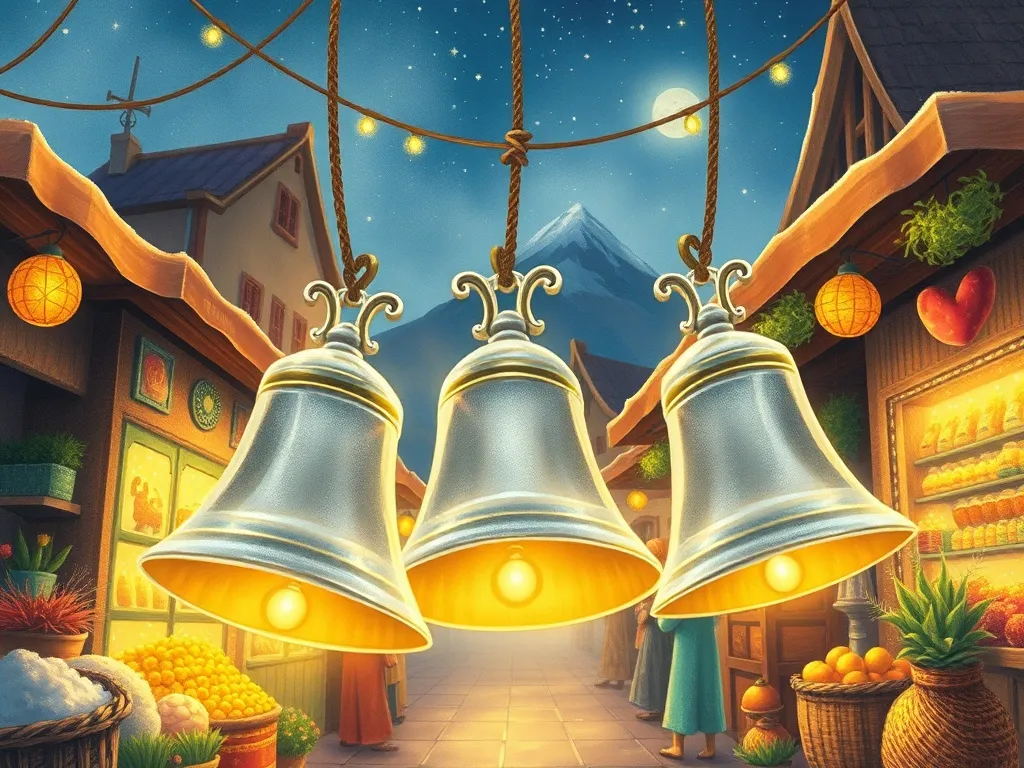 The Silver Bell of Willowbrook - Three magnificent silver bells glowing in the enchanted market