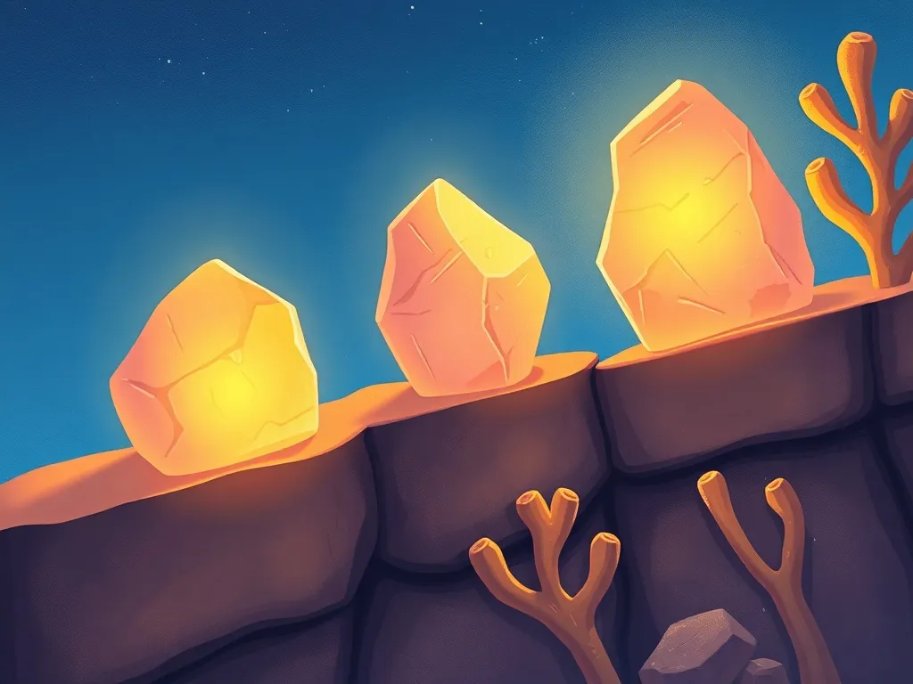 The Singing Stones of Sapphire Trench - Three glowing stones on a coral ledge