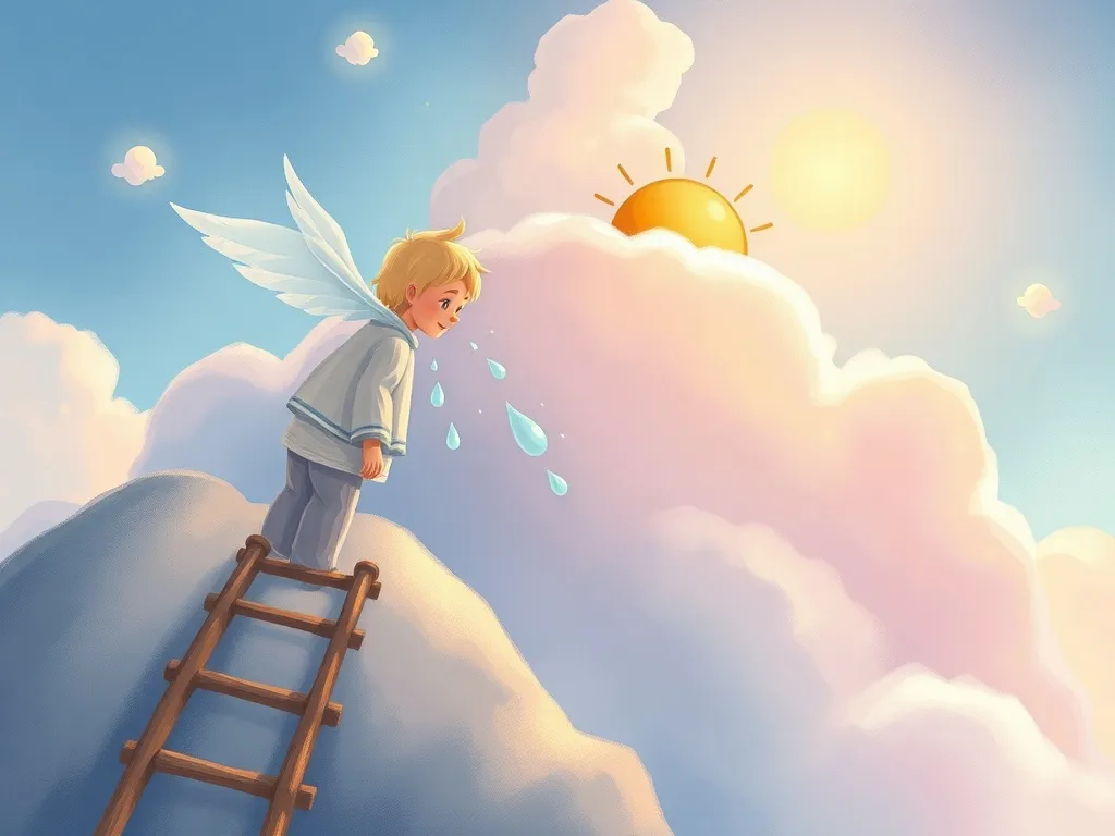 The Sky Guardian&#x27;s Golden Friend - Wisp crying silver tears while Sunny climbs cloud ladder