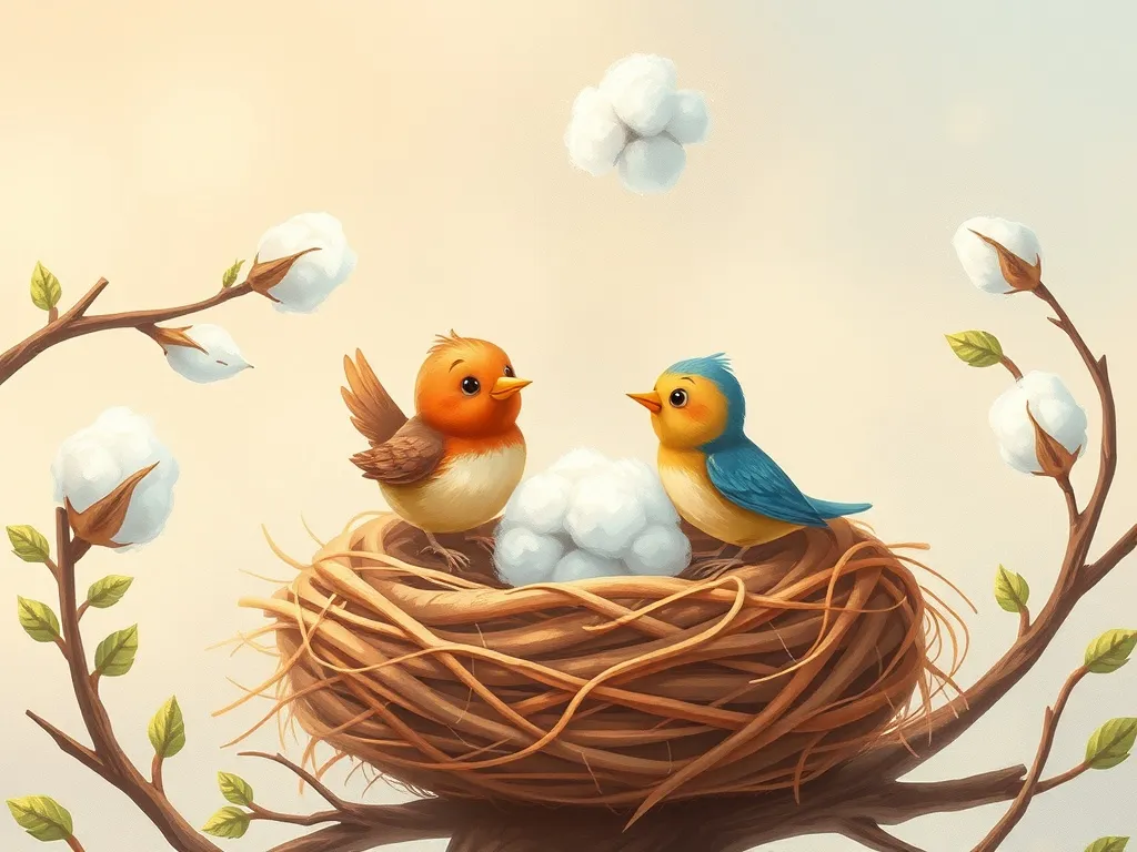 The Sky Guardian's Golden Friend - Birds building nests with magical cloud-cotton