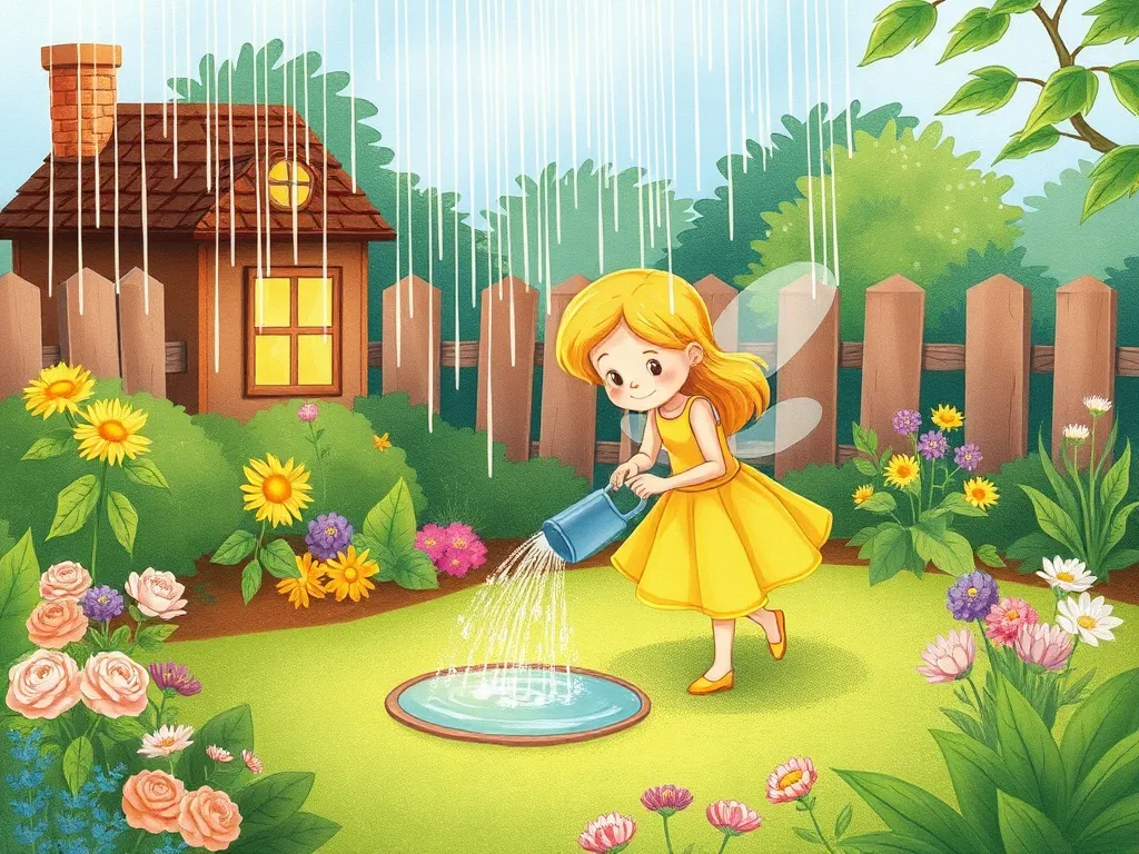 The Sky Guardian's Golden Friend - Wisp carefully watering restored garden with magic rain