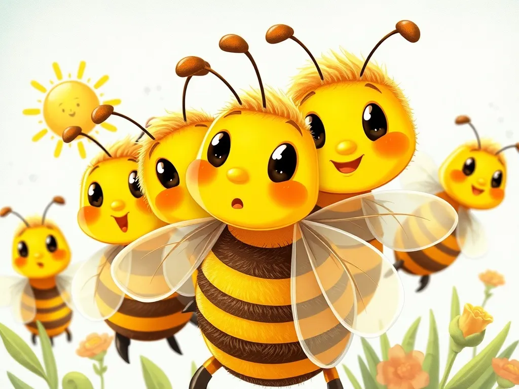 The Sky Guardian's Golden Friend - Sunny facing surprised bees with determined expression