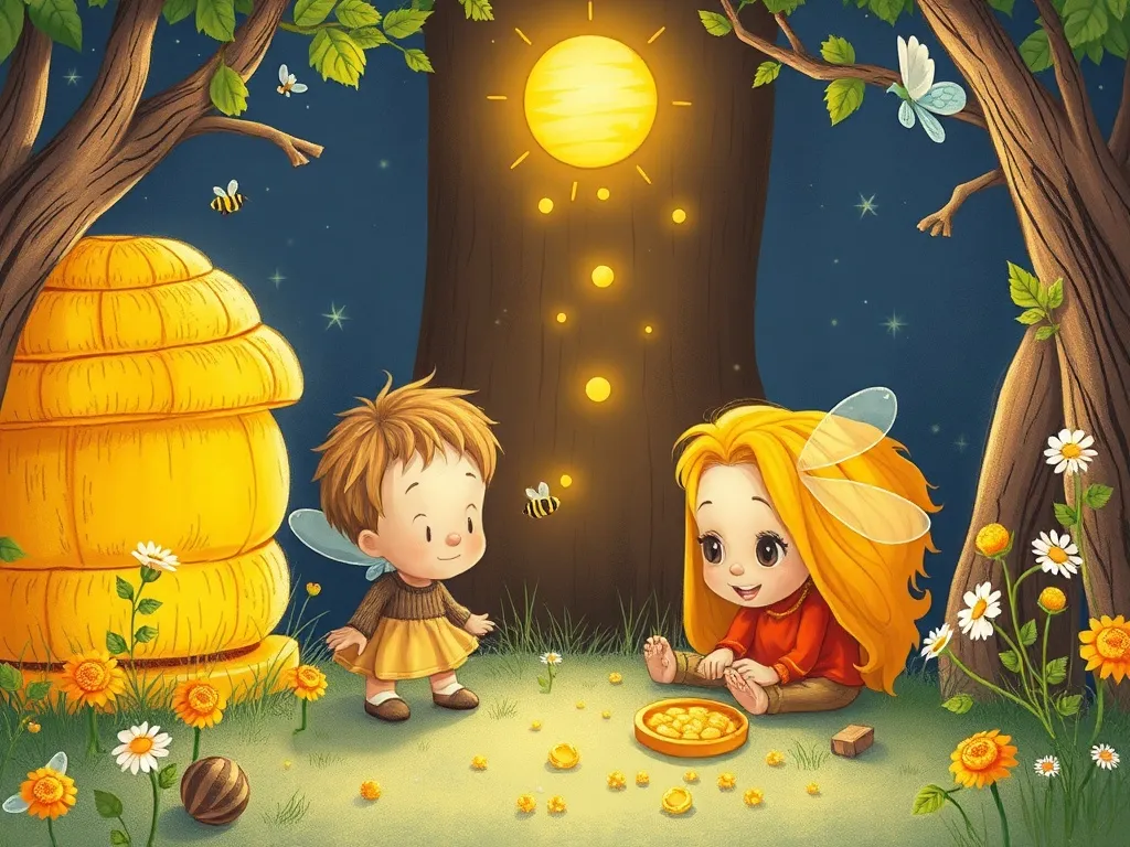 The Sky Guardian's Golden Friend - Sunny and Wisp rebuilding magical beehives together