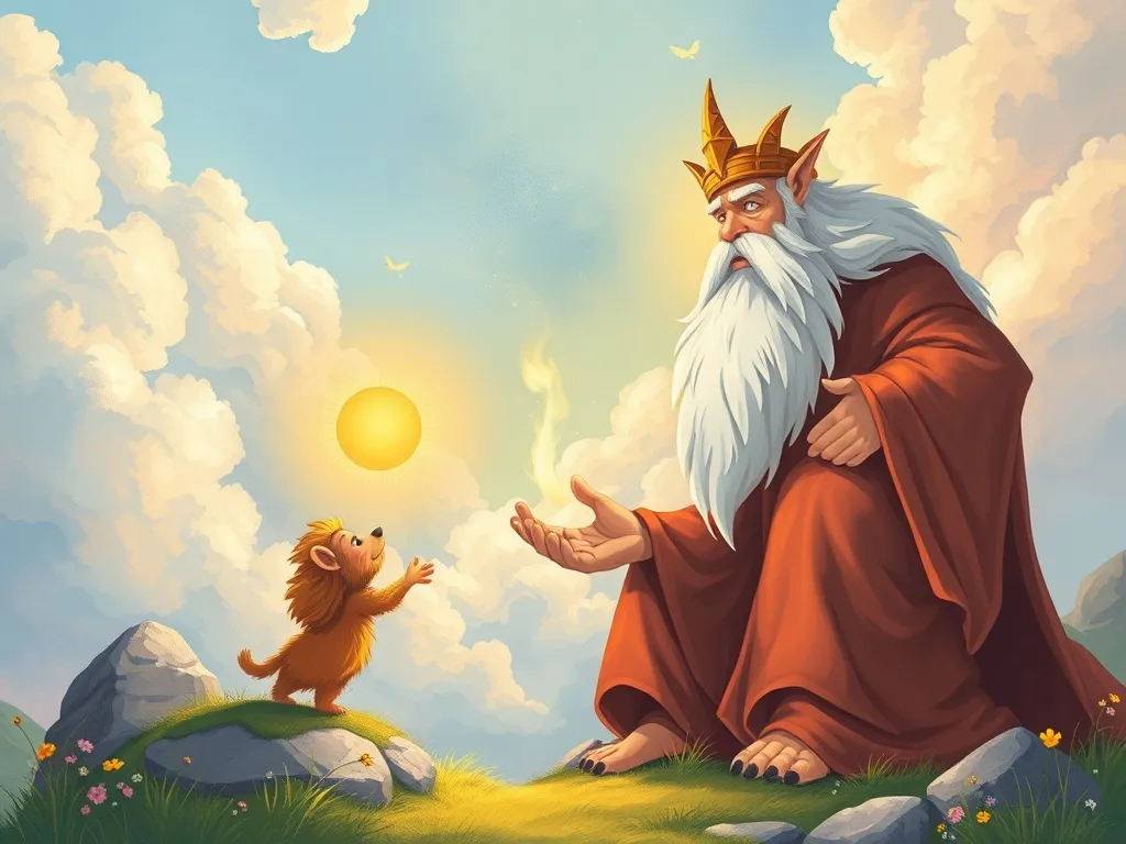 The Sky Guardian's Golden Friend - Elder Sky Giant sharing wisdom with Sunny and Wisp