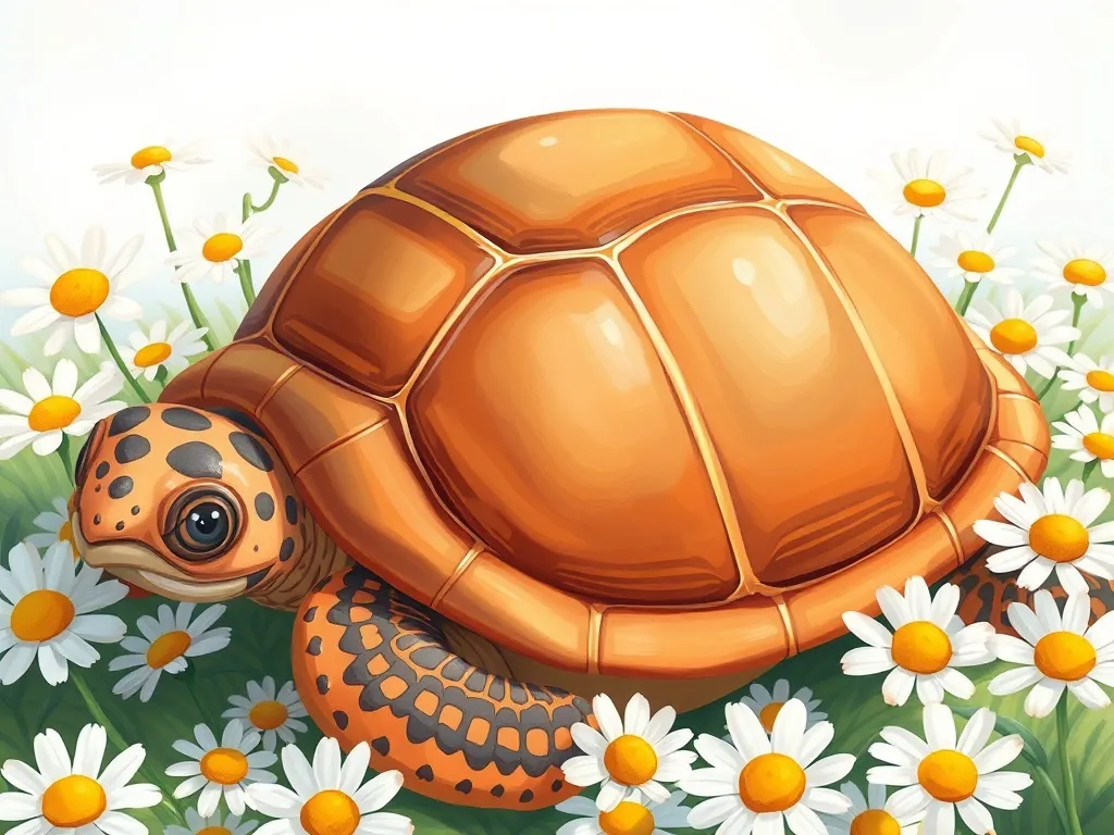 The Song Behind the Wall - Spotted turtle shell resting among white daisies