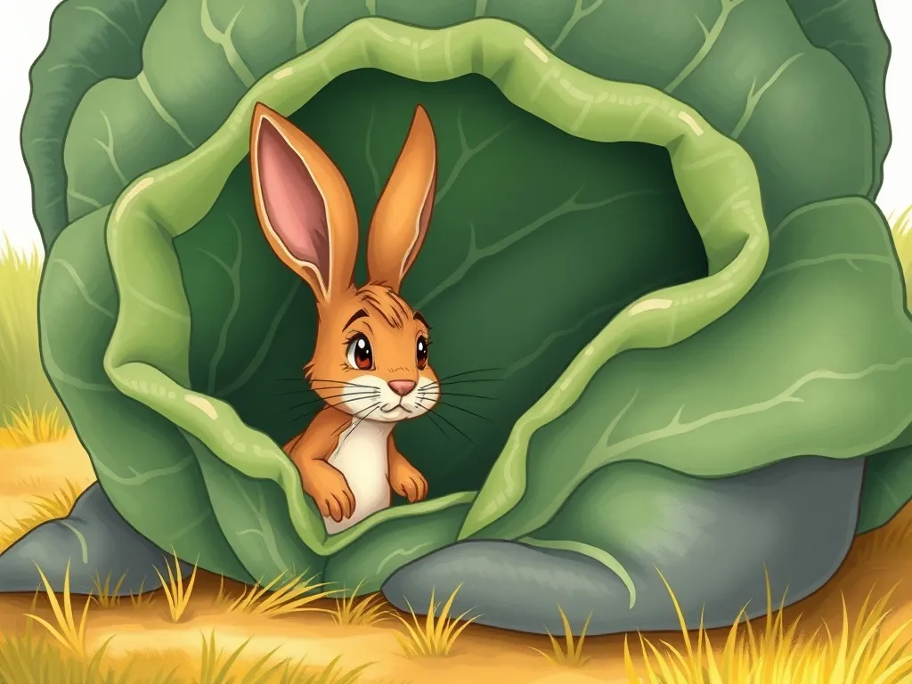 The Song Behind the Wall - Worried rabbit emerging from beneath giant cabbage leaf