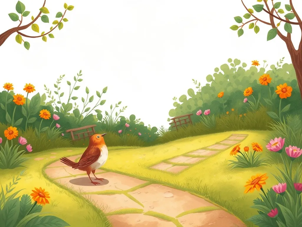 The Song Behind the Wall - Little bird pausing at garden path crossroads