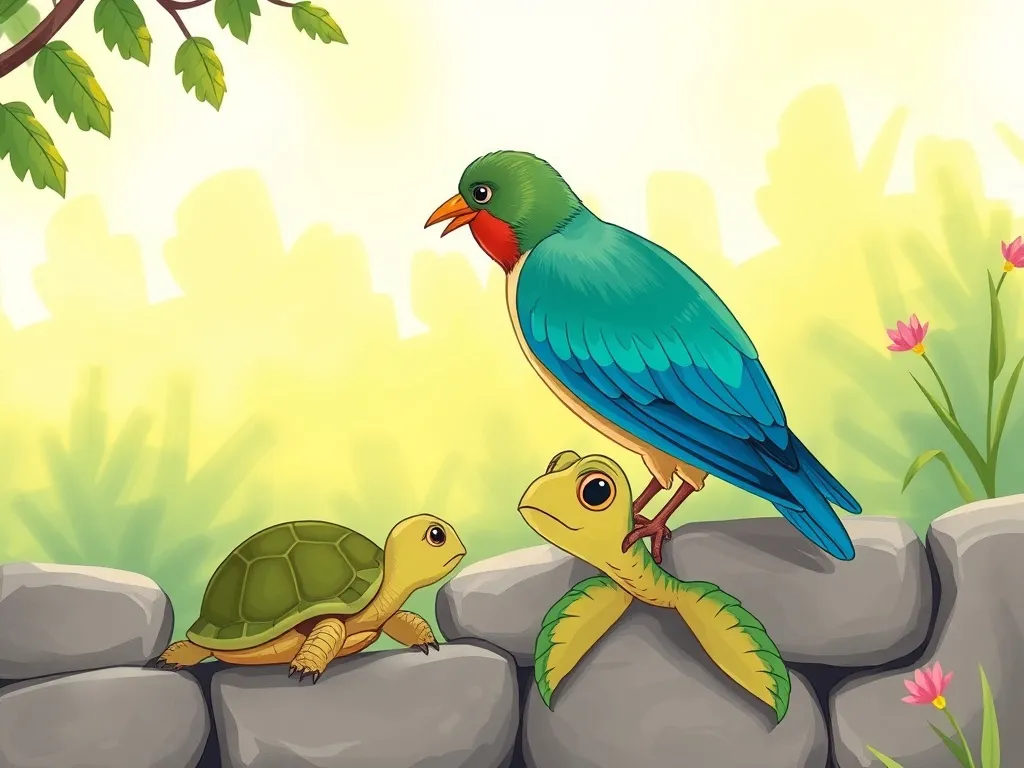 The Song Behind the Wall - Bird perched on stone wall meeting tearful turtle below