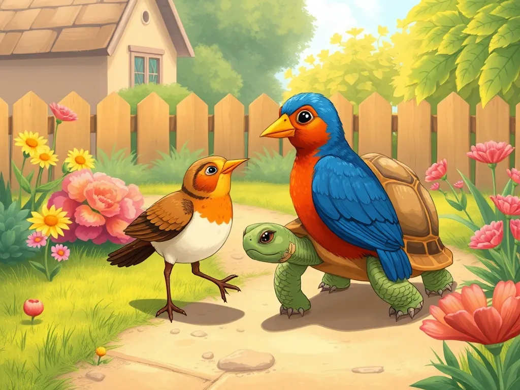 The Song Behind the Wall - Bird and turtle walking together on sunny garden path