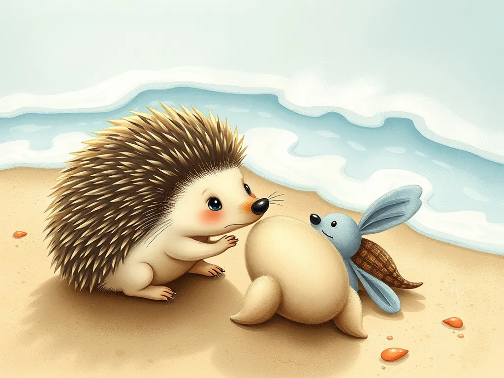 The Spikes and Shells of Friendship - Hedgehog observing gentle beach creature interactions