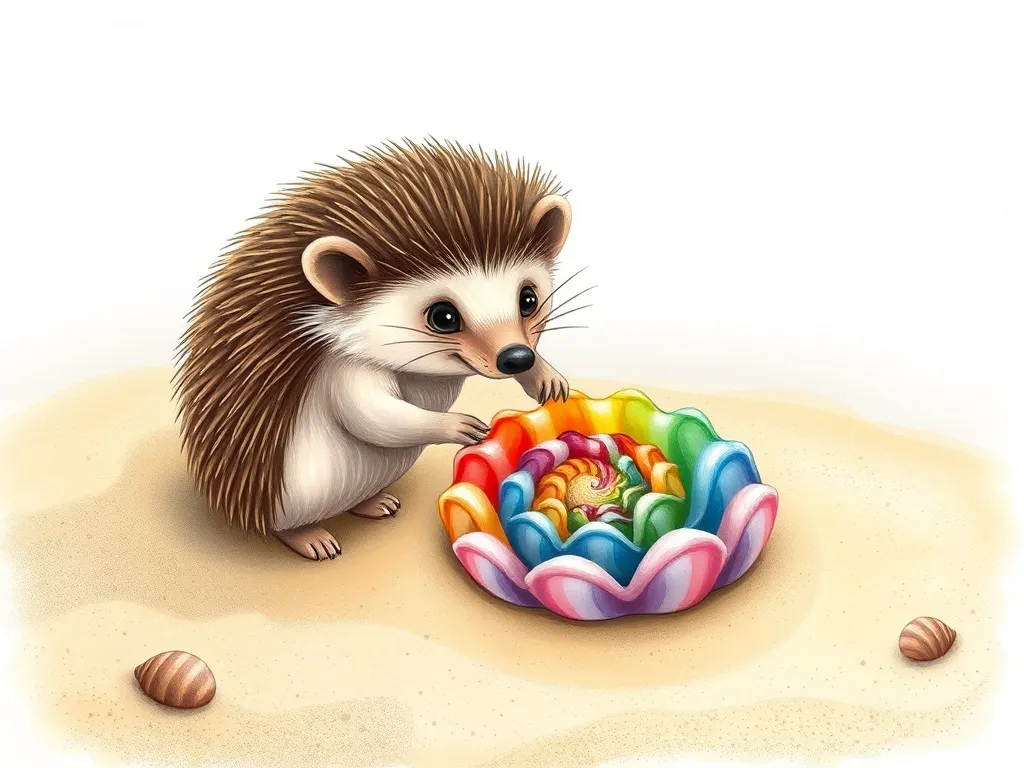 The Spikes and Shells of Friendship - Hedgehog arranging rainbow shell spiral in sand