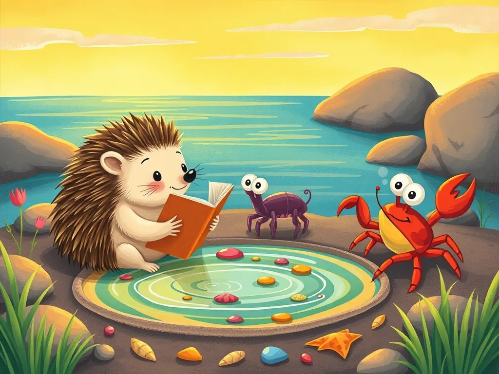 The Spikes and Shells of Friendship - Hedgehog and crab sharing stories by colorful tide pool