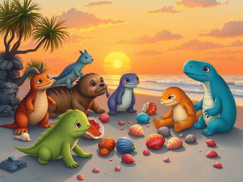 The Spikes and Shells of Friendship - Diverse beach creatures sharing shell discoveries at sunset