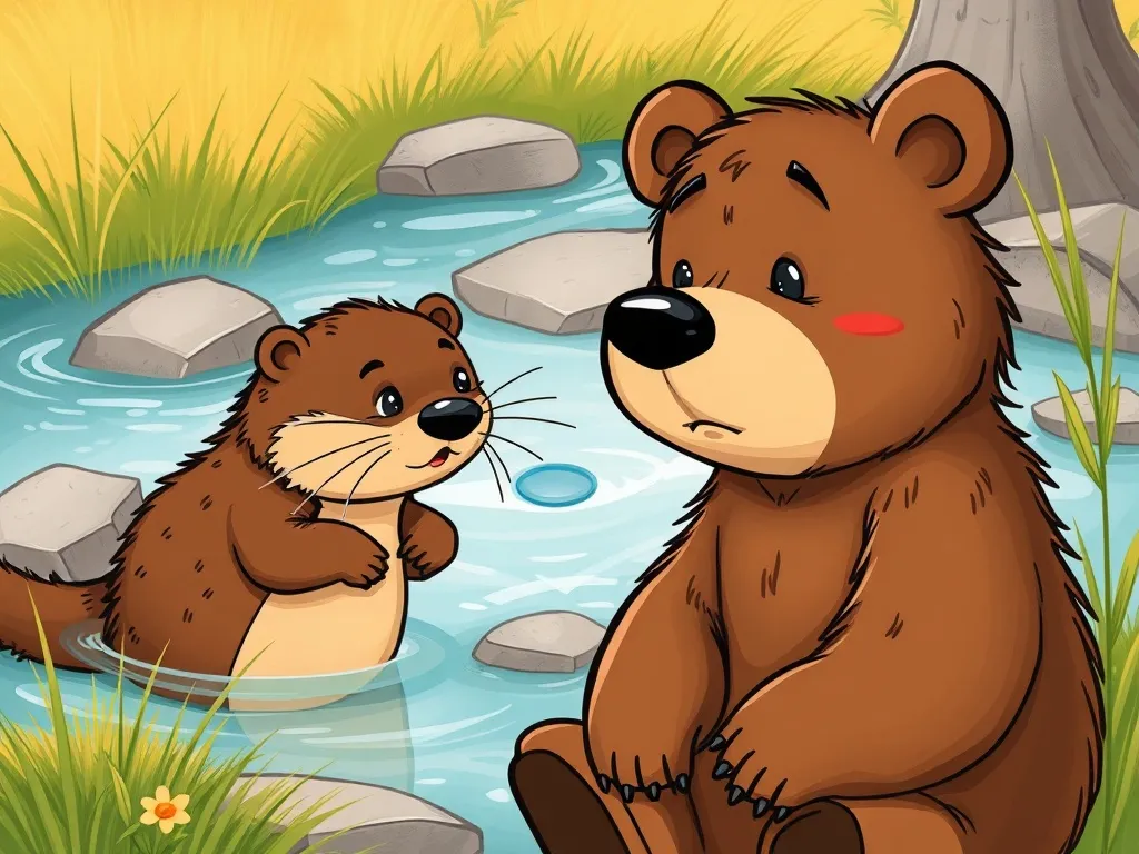 The Stream of Friendship - Concerned bear meeting crying otter by stream