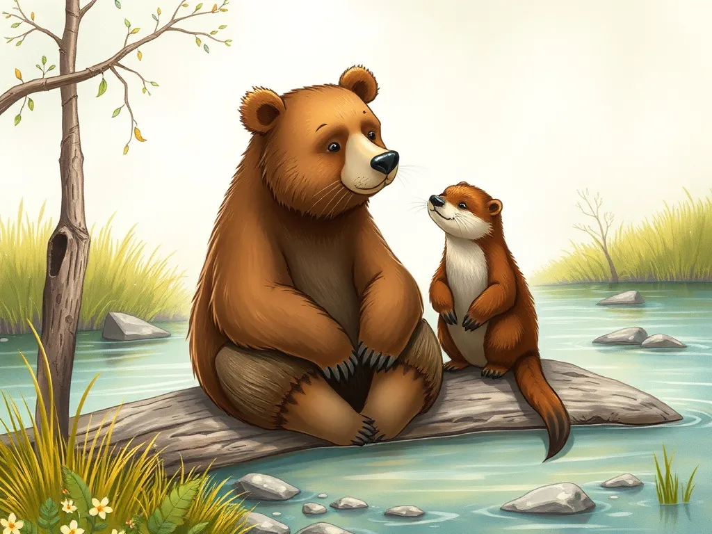 The Stream of Friendship - Bear and otter sitting together on creek bank, thinking carefully