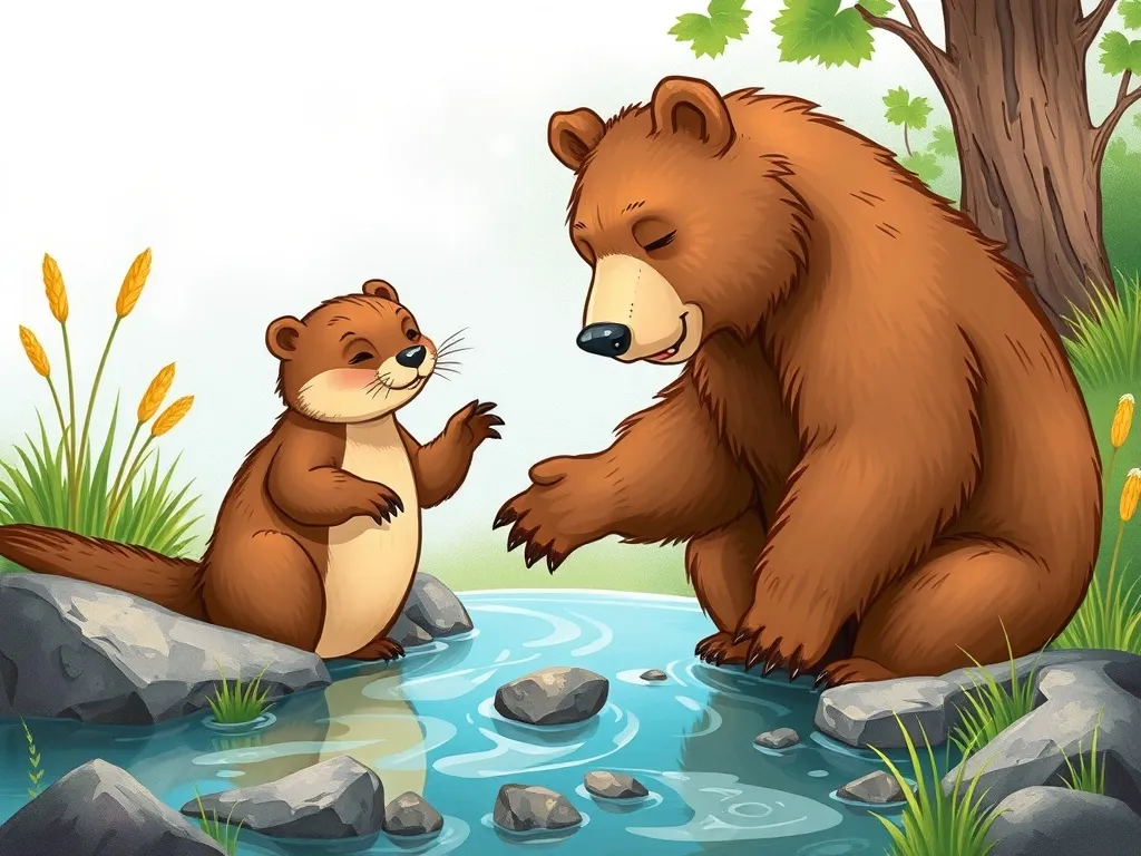 The Stream of Friendship - Bear and otter examining creek, pointing at different areas