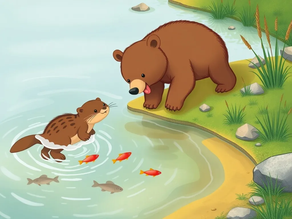 The Stream of Friendship - Bear herding fish while otter catches them in shallow pool