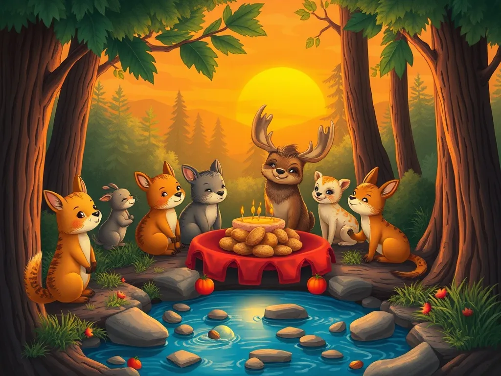 The Stream of Friendship - Forest animals sharing sunset feast by decorated stream