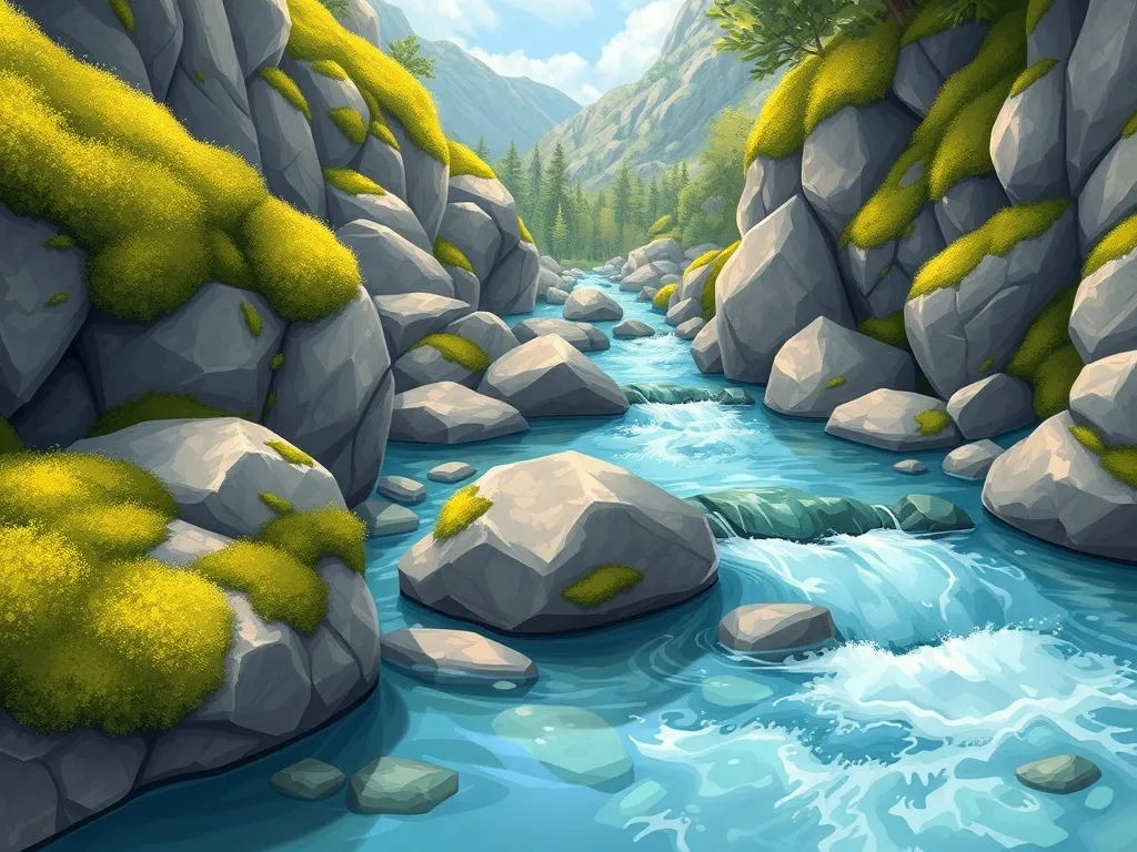 The Stream That Listened - Crystal-clear mountain stream surrounded by moss-covered boulders
