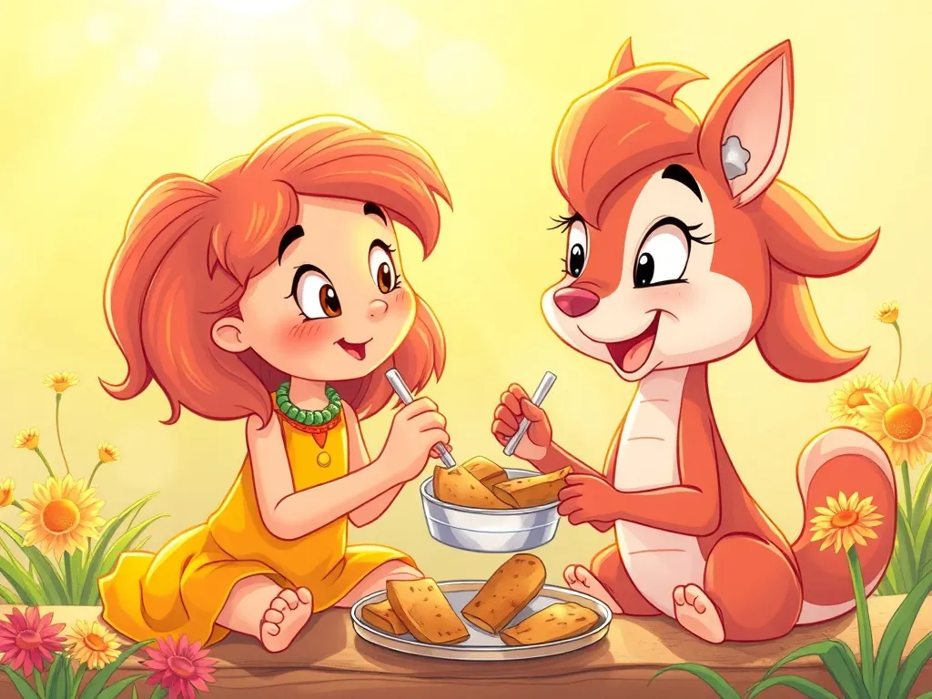 The Stream That Listened - Maya and Ripple sharing snacks in golden sunlight