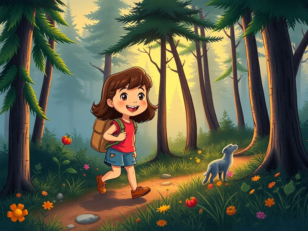 The Stream That Listened - Maya hiking home through evening forest, smiling