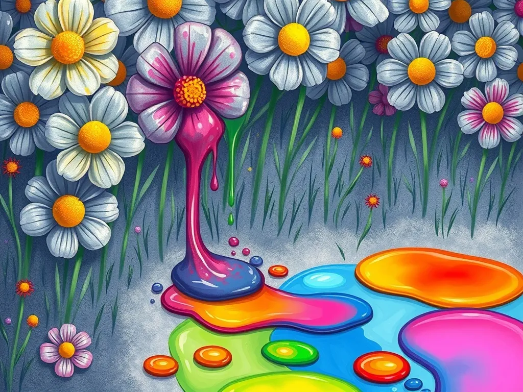 The Symphony of Colors - Mia's colorful paint dripping off grey flowers into rainbow puddles