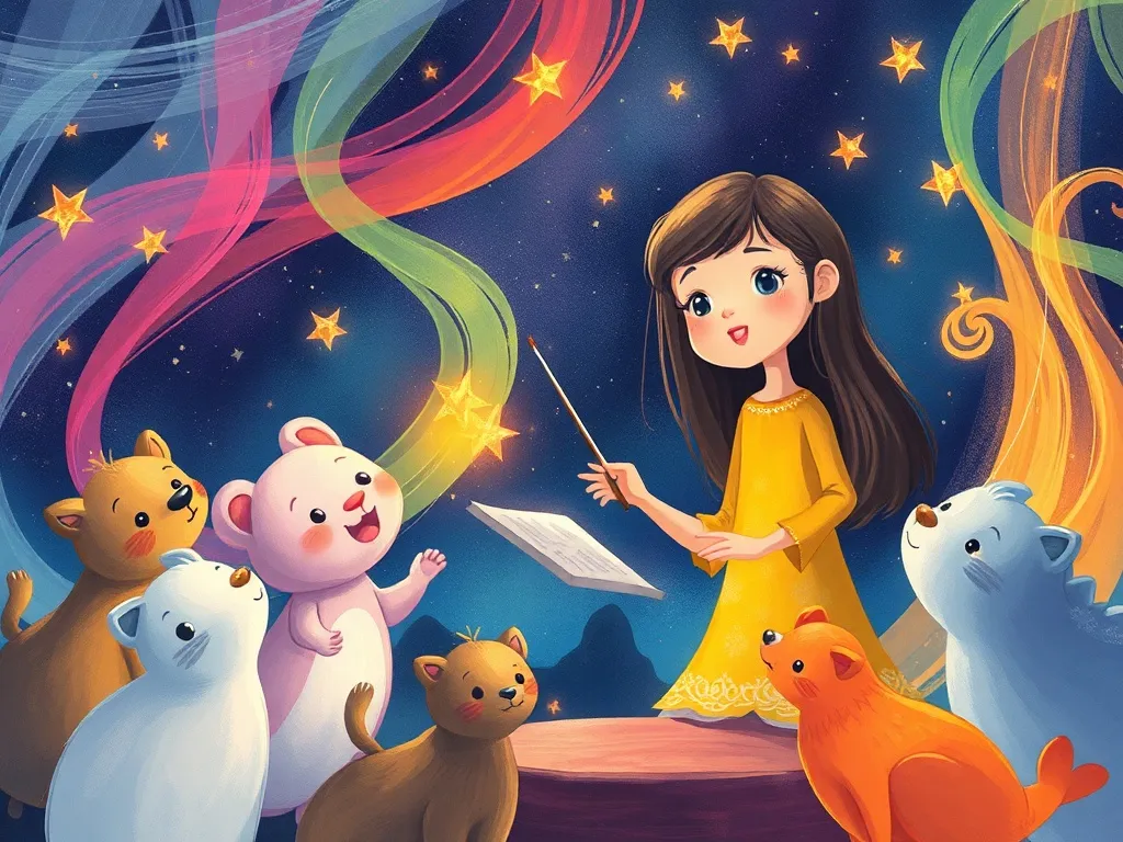 The Symphony of Colors - Mia conducting with glowing paint streams while creatures perform harmoniously