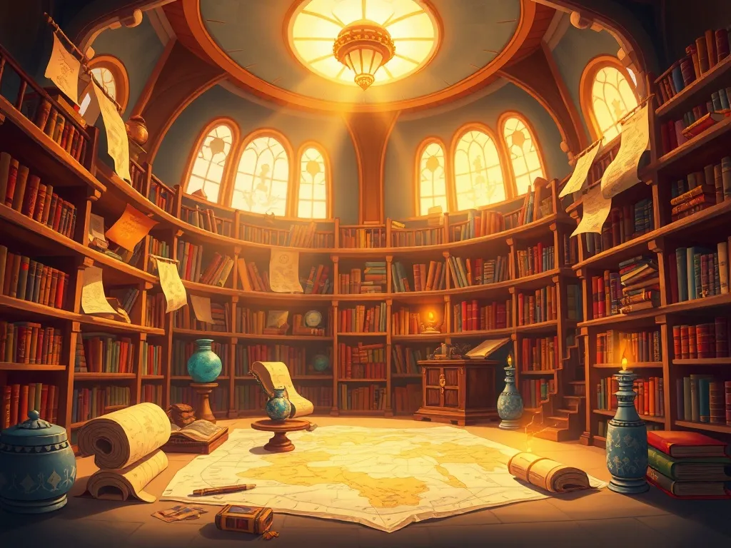 The Temple of Patient Explorers - Sunlit library filled with maps, scrolls, and glowing artifacts