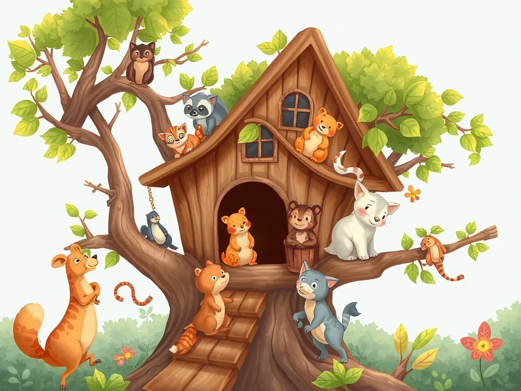 The Treehouse Explorer's Heart - Various animals enjoying treehouse together