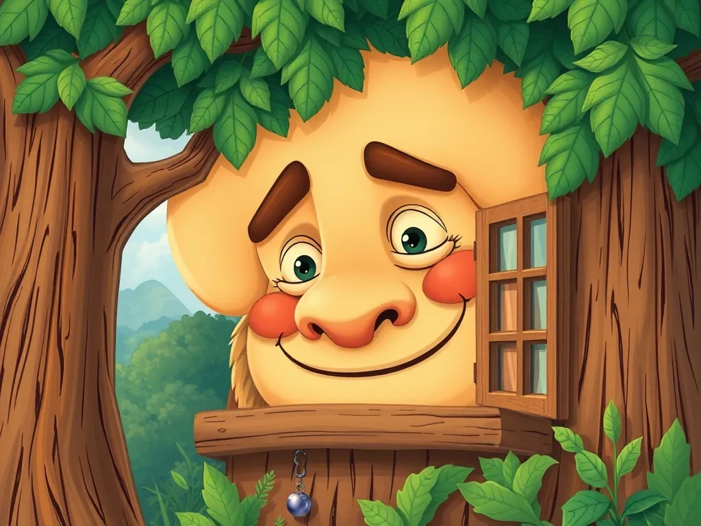 The Treehouse Guardian and the Sky Giant's Challenge - Cloudweaver's enormous face at treehouse window