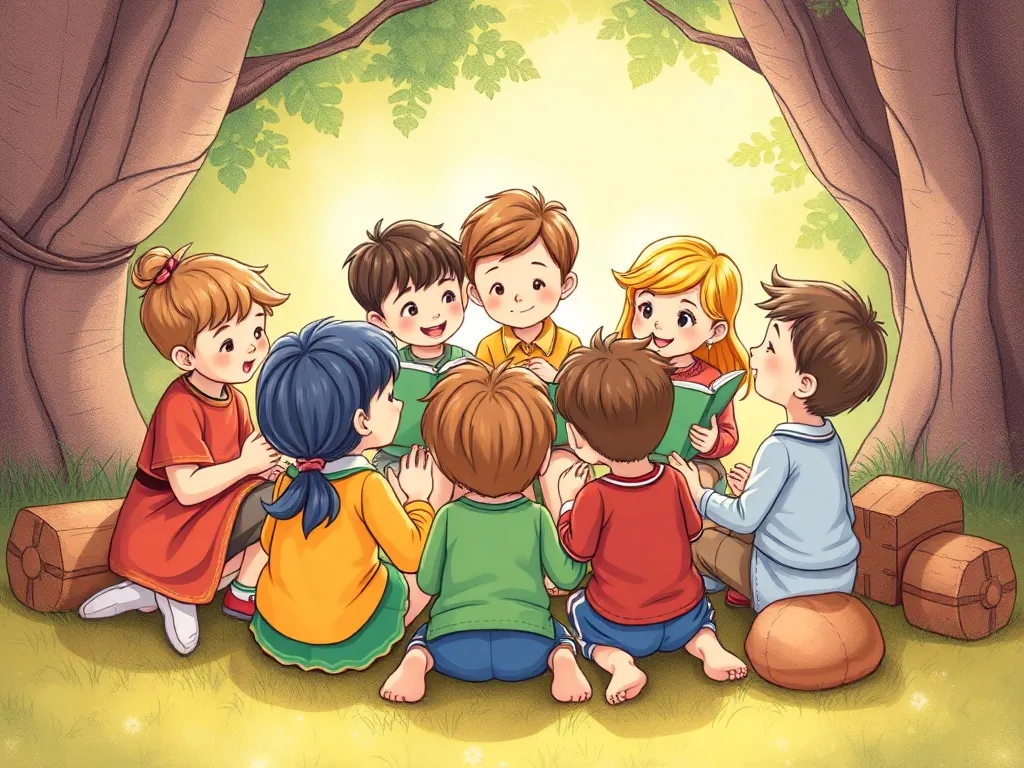 The Treehouse Guardian and the Sky Giant's Challenge - Children sitting in circle, sharing stories