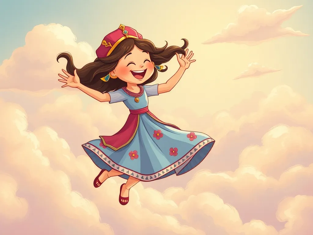 The Treehouse Guardian and the Sky Giant's Challenge - Children and Maya dancing across clouds, laughing