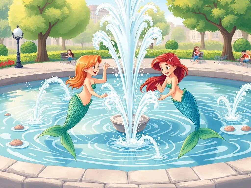 The Unicorn Who Found Her Splash - Mermaids practicing splashes in park fountain