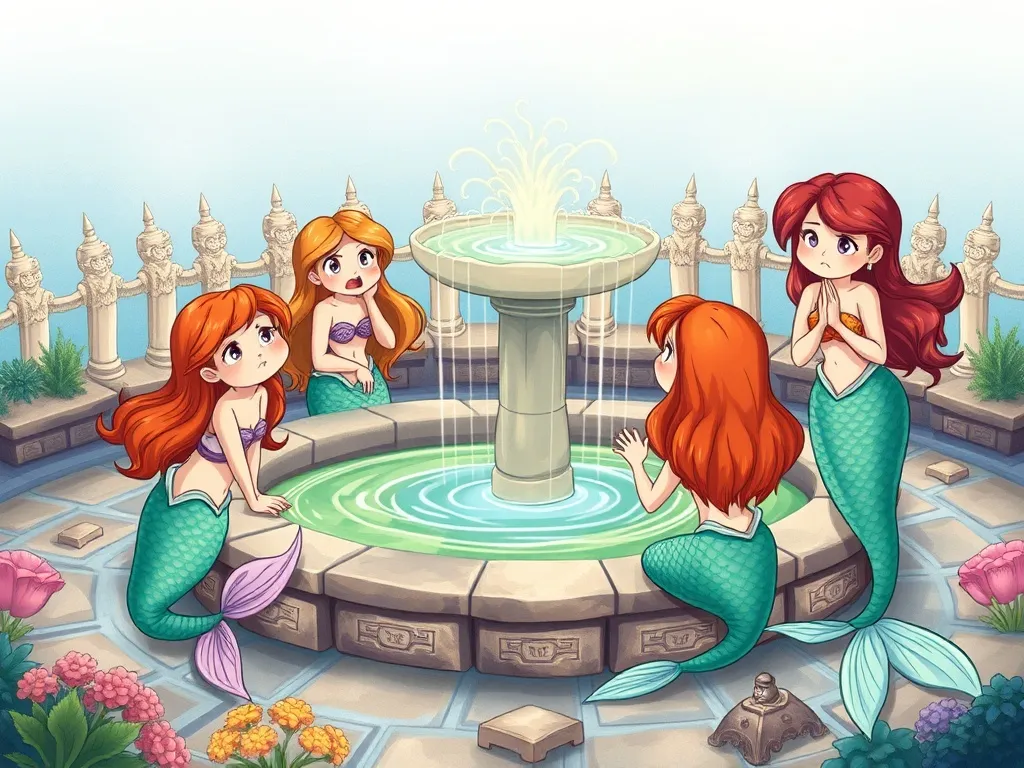 The Unicorn Who Found Her Splash - Worried mermaids gathering around fountain