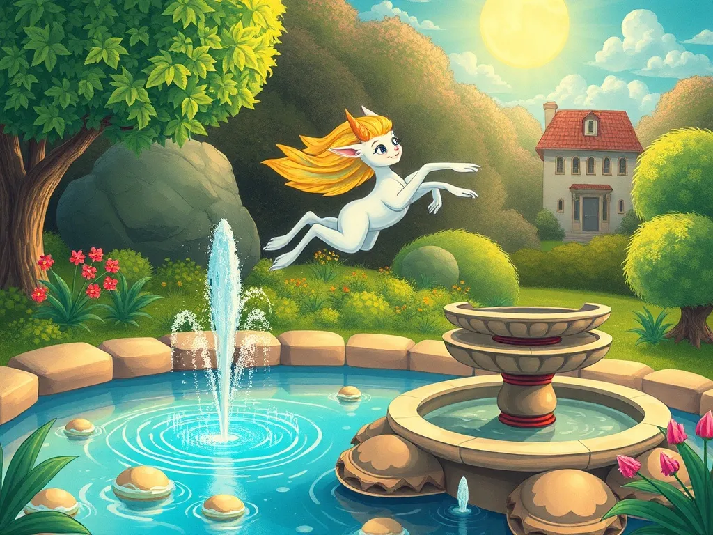 The Unicorn Who Found Her Splash - Luna leaping gracefully over fountain