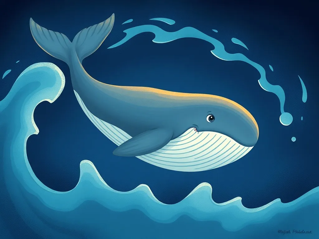 The Whale Who Sang in the Glow - Whale descending into dimness with sound waves visible around her