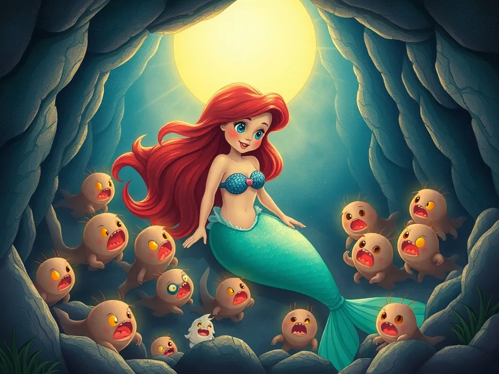 The Whale Who Sang in the Glow - Mermaid surrounded by small worried creatures in glowing cave
