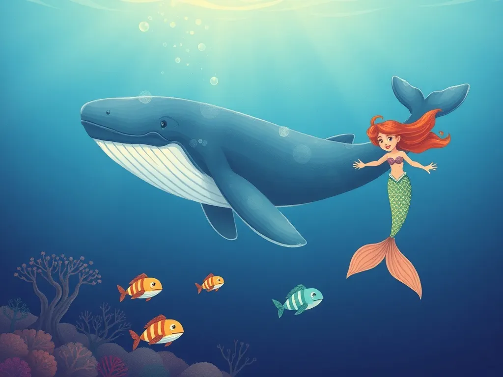 The Whale Who Sang in the Glow - Whale and mermaid swimming farther with small creatures following in formation