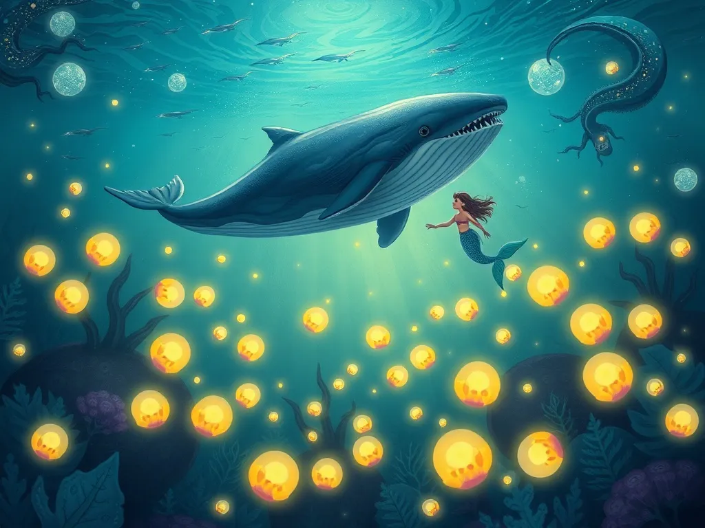 The Whale Who Sang in the Glow - Whale and mermaid rising through gardens of glowing bioluminescent creatures