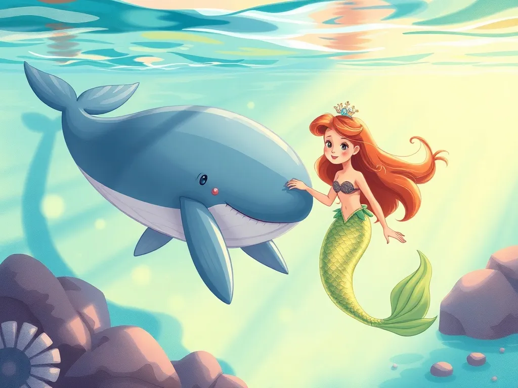 The Whale Who Sang in the Glow - Whale and mermaid swimming together in sunlit shallow waters
