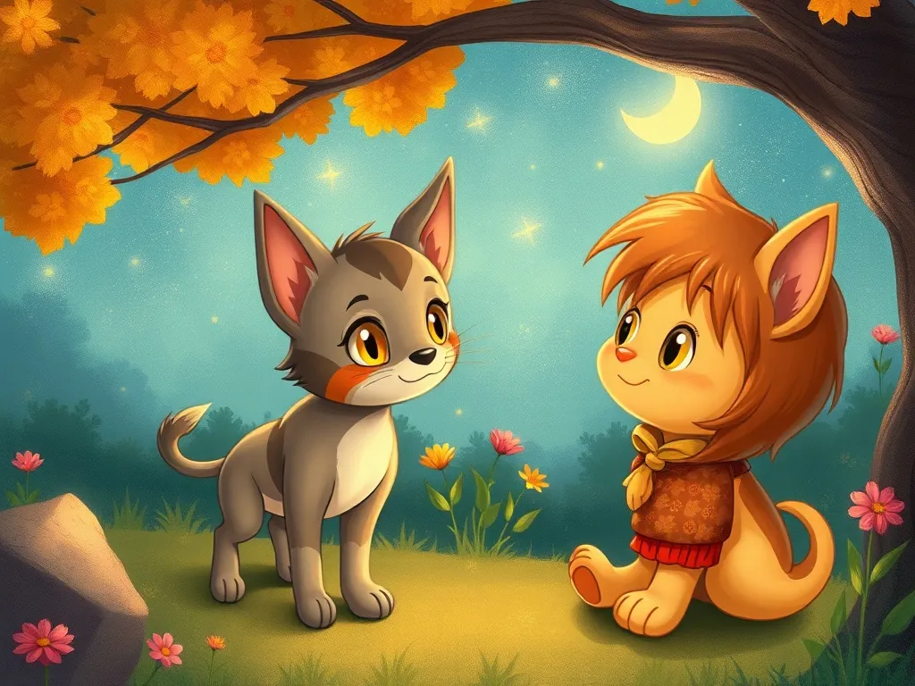 The Whiskers of Wisdom: A Swamp Cat's Tale - Luna approaching Oliver with curious golden eyes