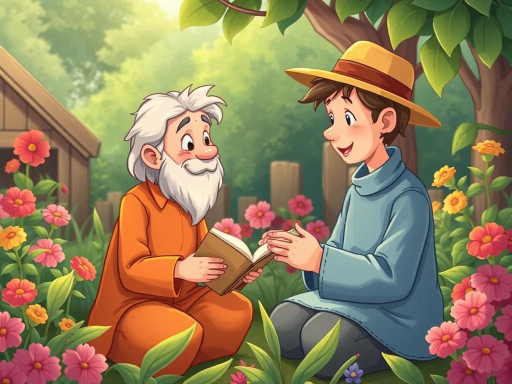 The Whiskers of Wisdom: A Swamp Cat's Tale - Sage sharing wisdom with Oliver in the garden