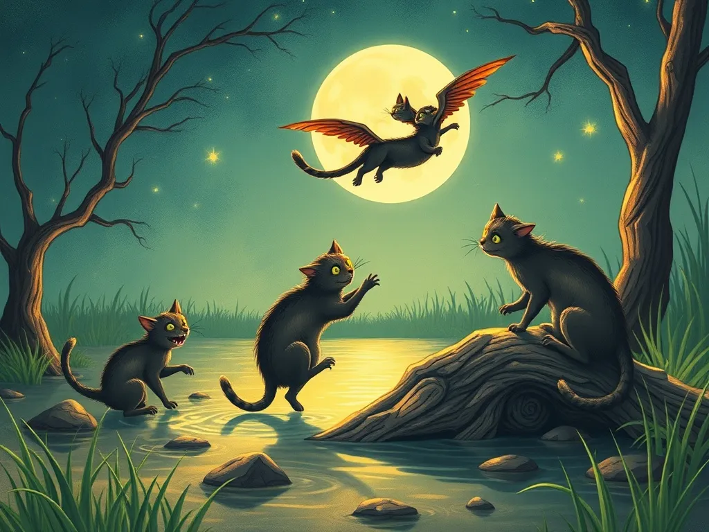 The Whiskers of Wisdom: A Swamp Cat's Tale - Swamp cats circling Oliver in the moonlight