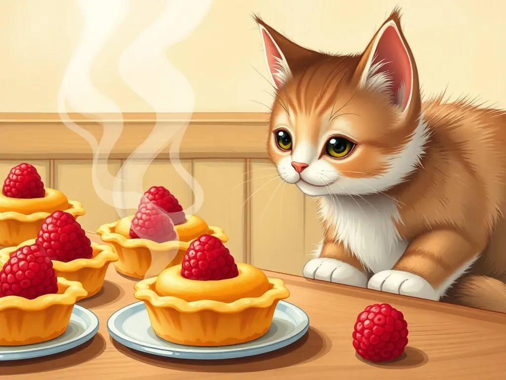 The Whiskers of Wisdom: Marmalade's Bakery Adventure - Cat carefully approaching steaming raspberry tarts