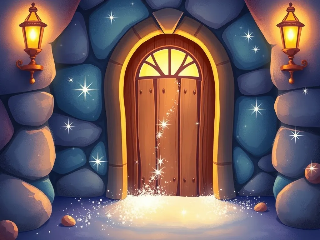 The Whiskers of Wisdom: Marmalade's Bakery Adventure - Magical door with floating silver sparkles