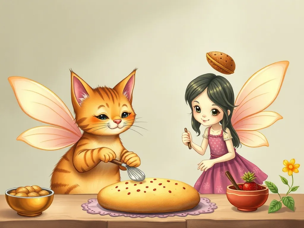 The Whiskers of Wisdom: Marmalade's Bakery Adventure - Cat and fairies baking together