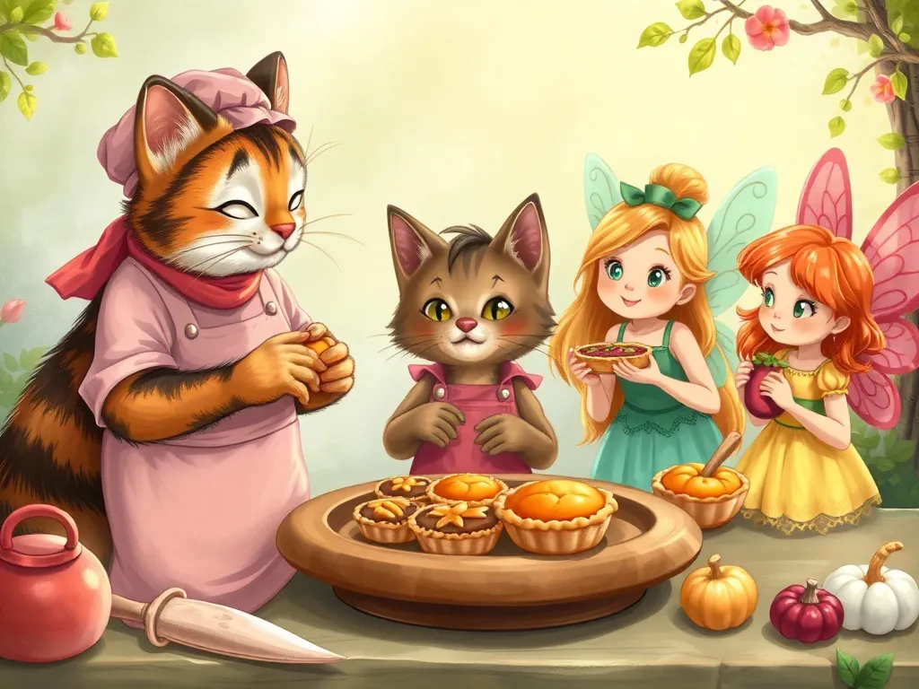 The Whiskers of Wisdom: Marmalade's Bakery Adventure - Baker, cat, and fairies sharing fresh tarts together