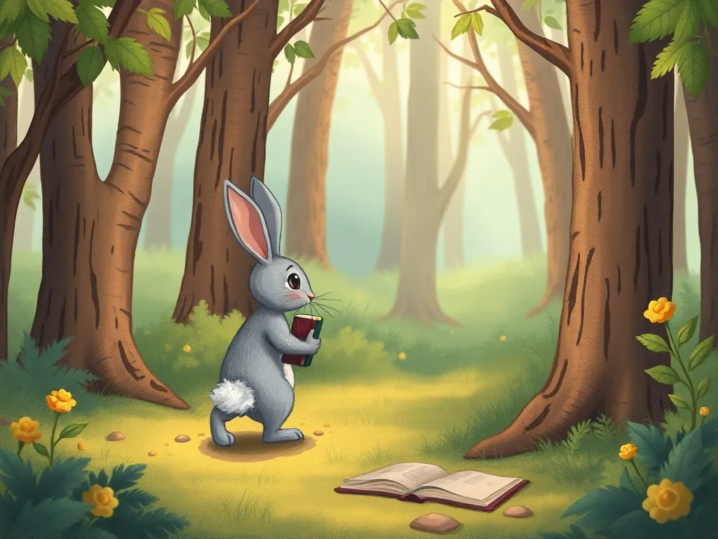 The Whisper-Keeper's Circle - Tiny gray rabbit walking along moonlit library path after leaving book behind