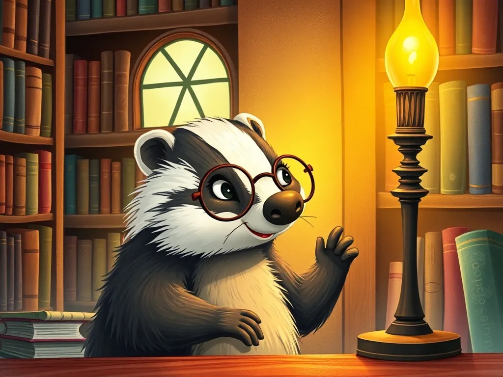 The Whisper-Keeper's Circle - Wise badger with spectacles beside glowing lamp in library